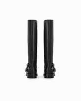 Leather boots with high leg shaft and straps - Black | Pinko