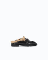 Leather sabot moccasins with faux fur lining - Black | Pinko