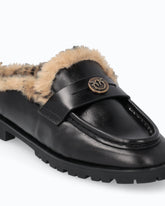 Leather sabot moccasins with faux fur lining - Black | Pinko
