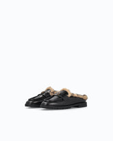 Leather sabot moccasins with faux fur lining - Black | Pinko