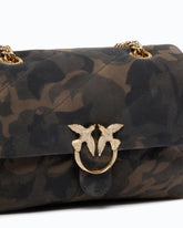 Mini Love Bag Puff crossbody bag in suede with camouflage print and jewel buckle - Military Green | Pinko