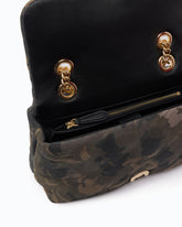 Mini Love Bag Puff crossbody bag in suede with camouflage print and jewel buckle - Military Green | Pinko