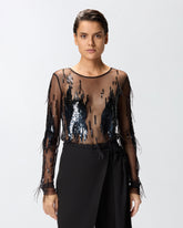 Maglia trasparente con paillettes e piume -  | Pinko