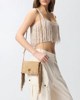 Love Bag Click Soft Horizontal Mini crossbody clutch in suede with fringing -  | Pinko