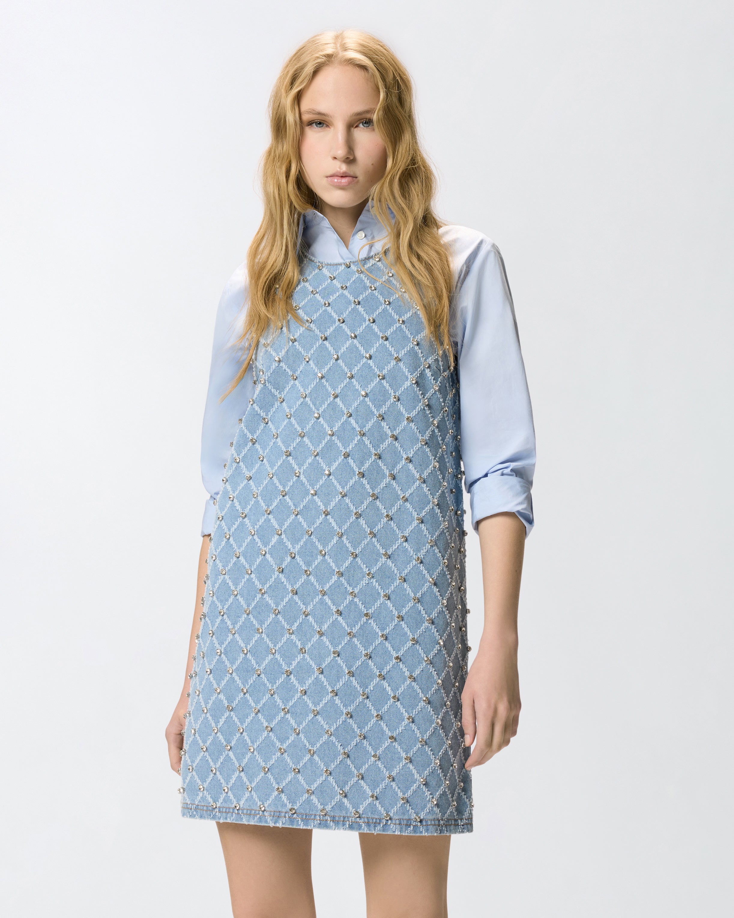 Denim mini dress with diamond and rhinestone motif | Pinko