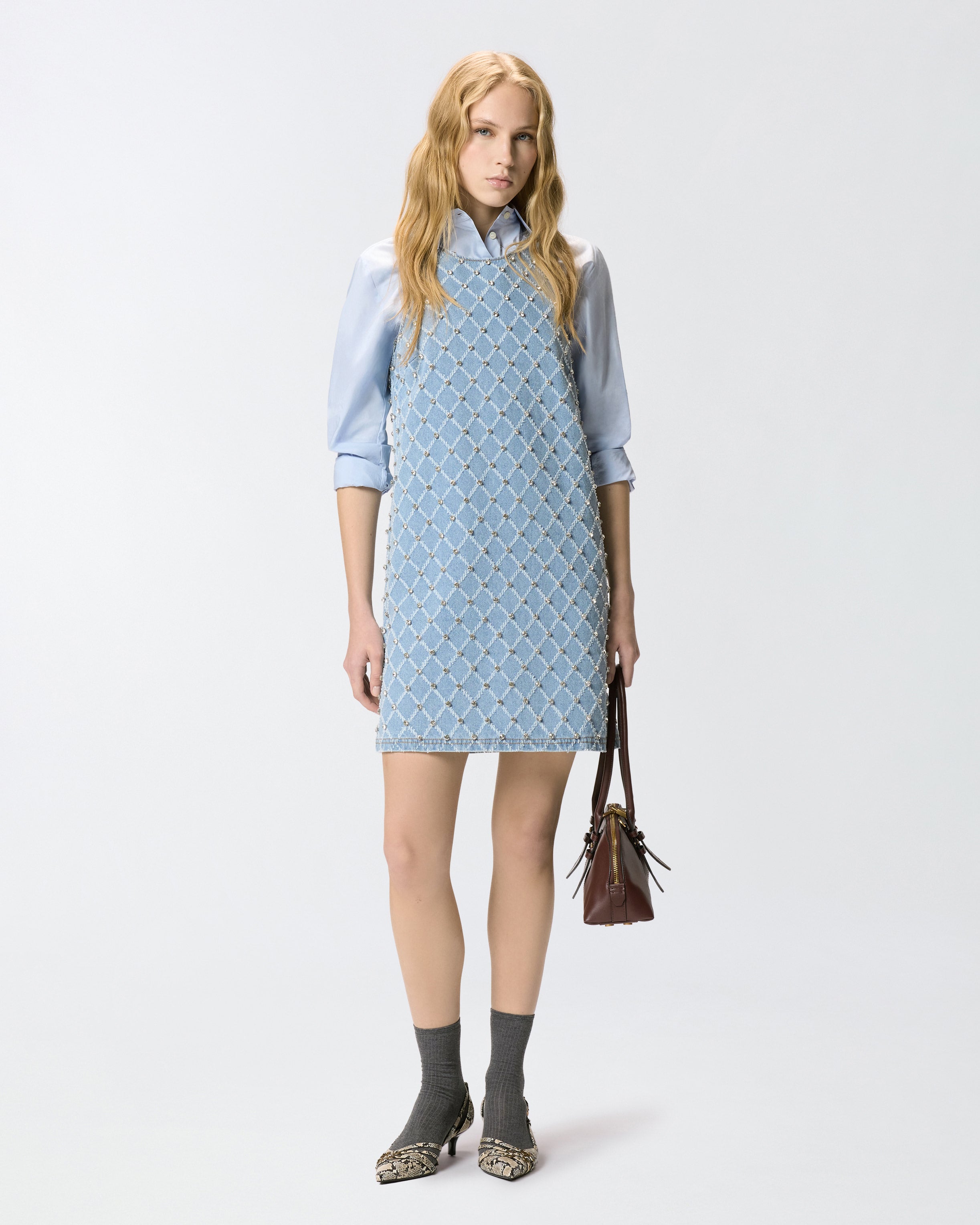 Denim mini dress with diamond and rhinestone motif | Pinko