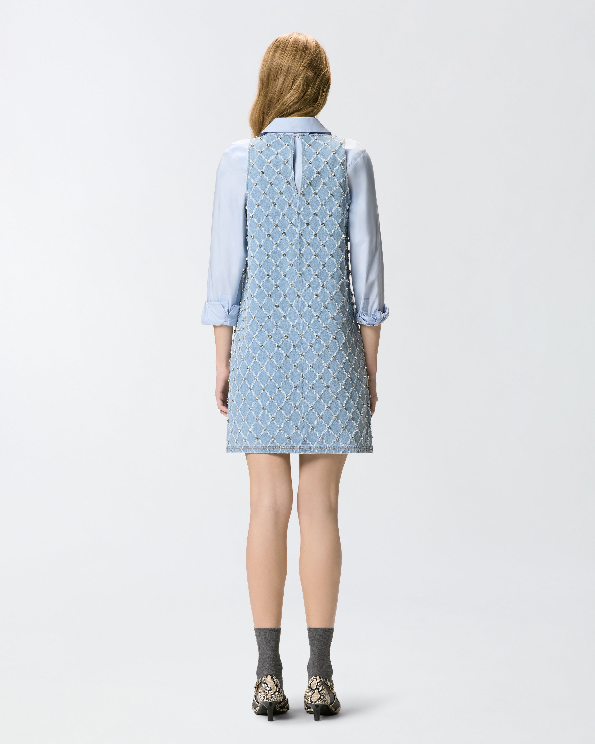 Denim mini dress with diamond and rhinestone motif | Pinko