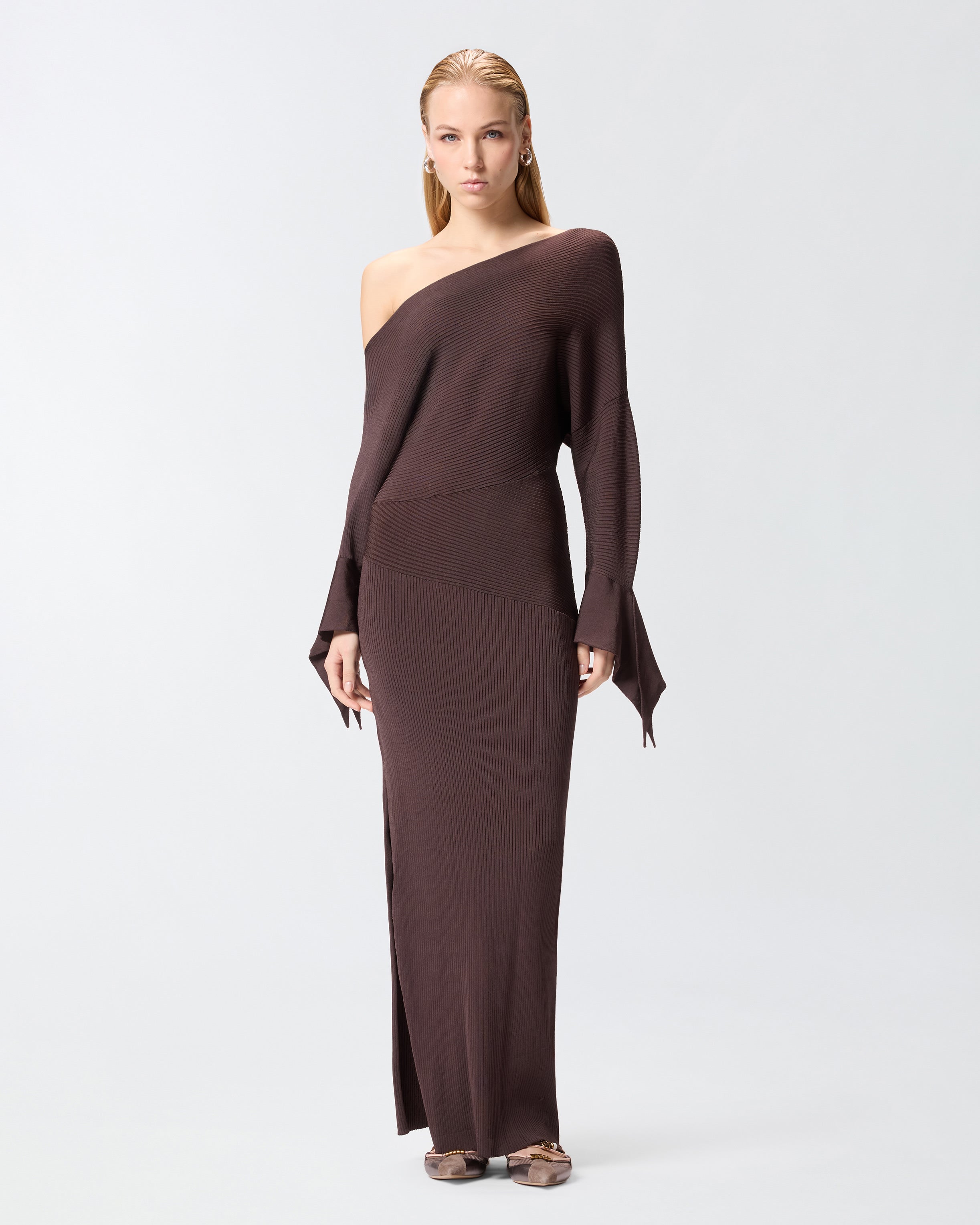 Long rib-knit dress with asymmetrical neckline | Pinko Long rib-knit dress with asymmetrical neckline | Pinko