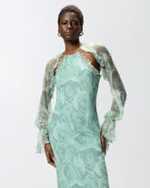 Silk midi dress with rose print and open shoulders -  | Pinko