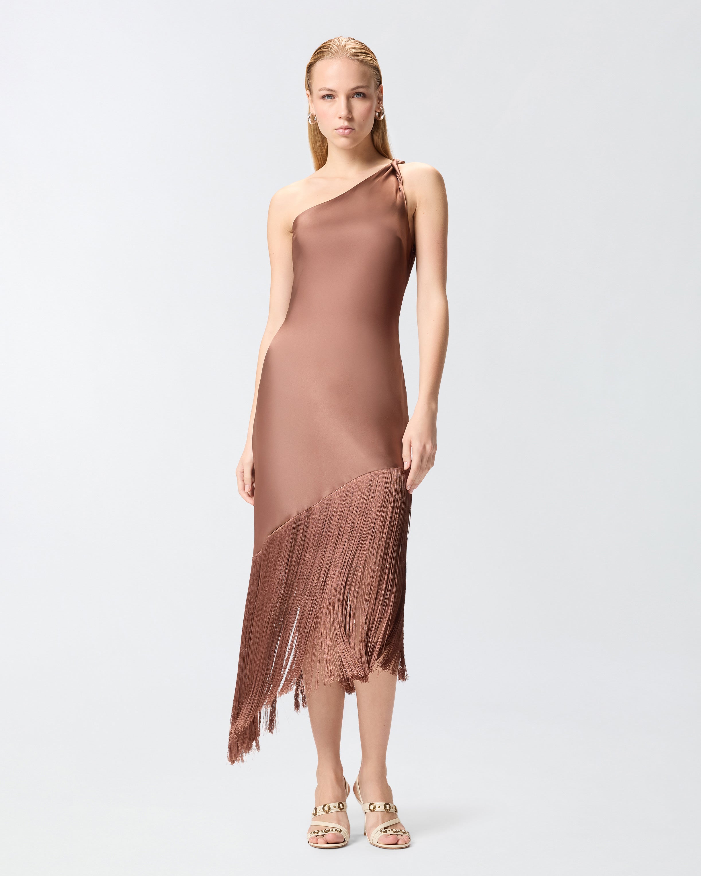 Satin one-shoulder mini dress with fringing