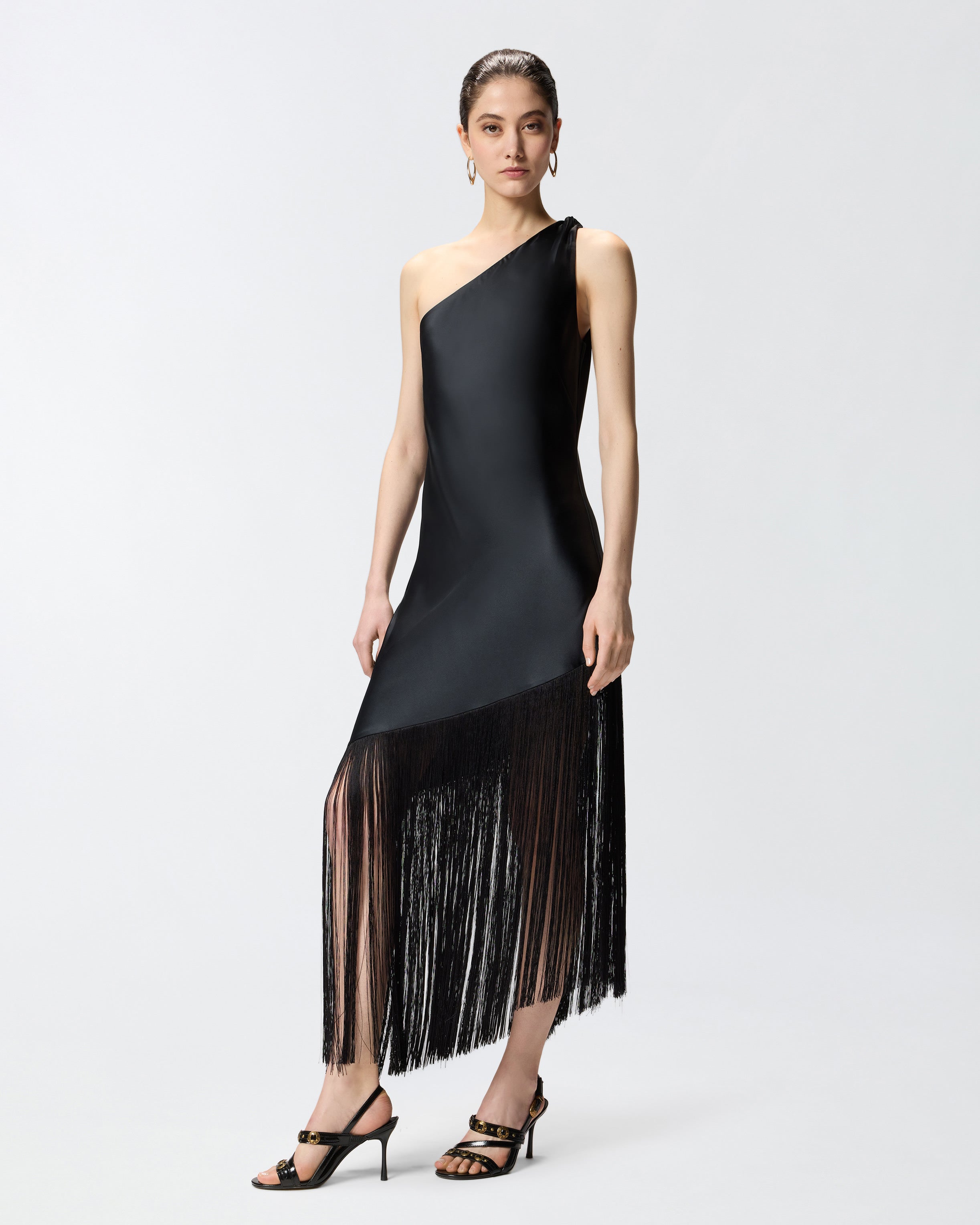 Satin one-shoulder mini dress with fringing