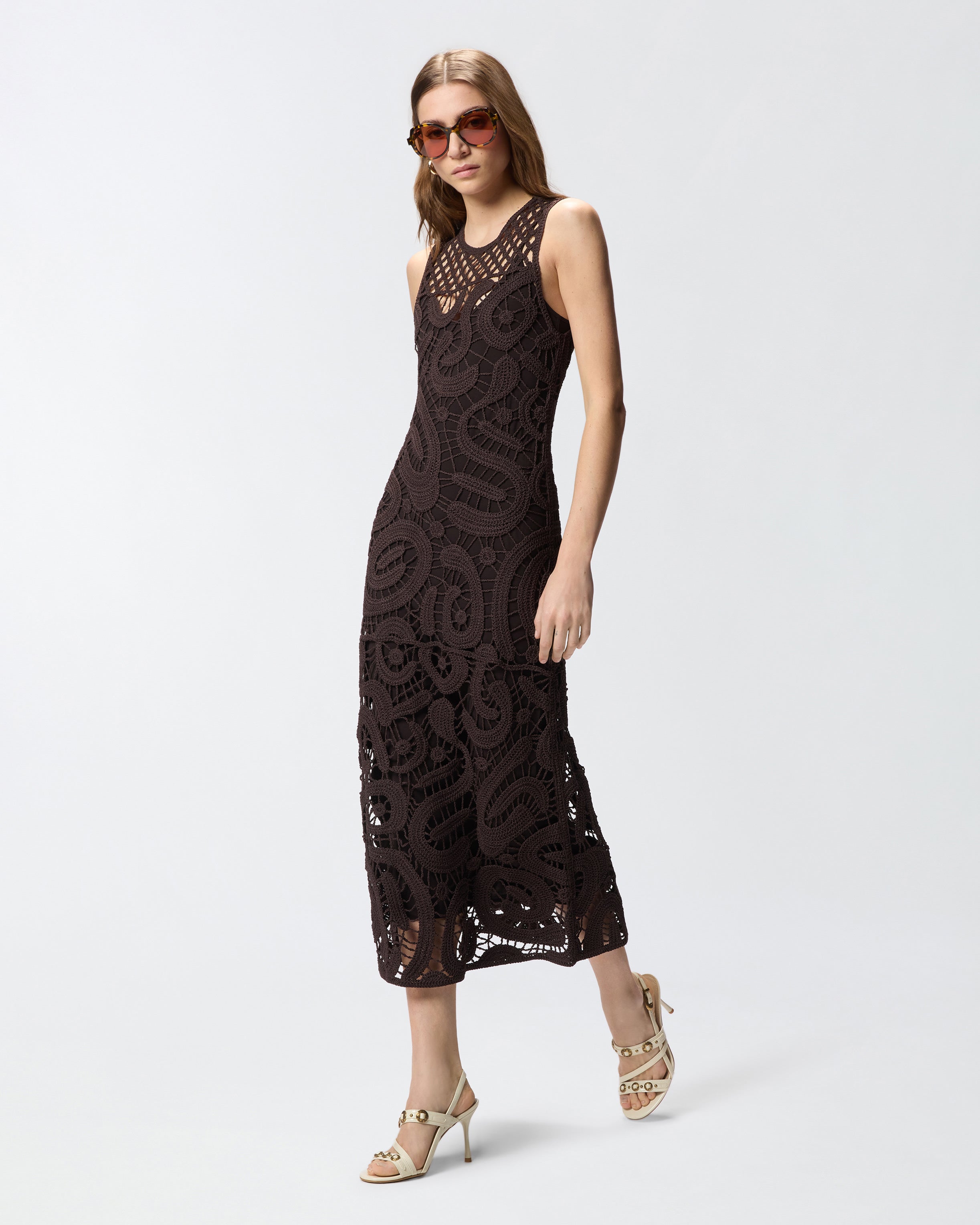 pinko open back sleeveless midi dress Sleeveless midi dress in geometric crochet