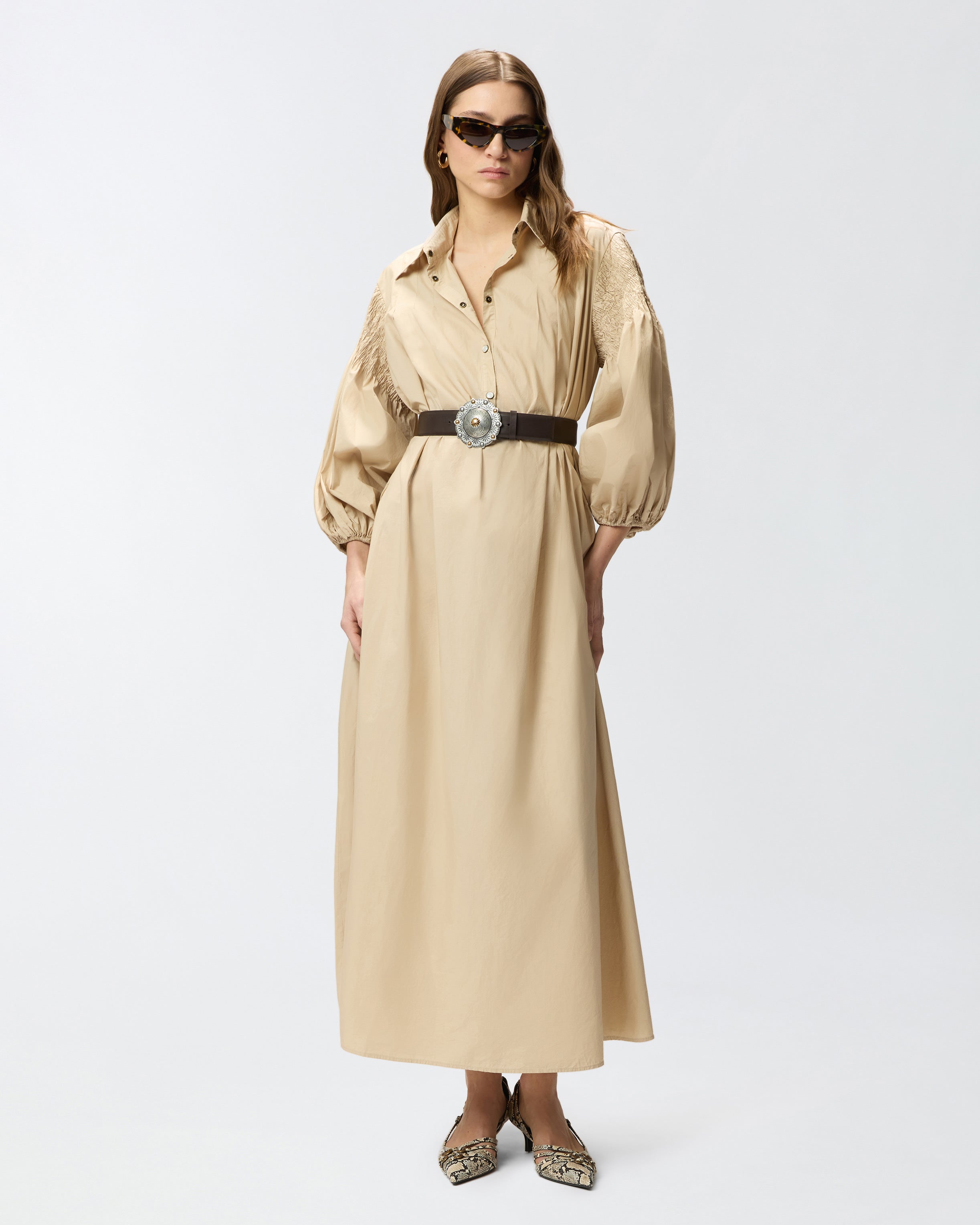 Long shirt dress in cotton with belt