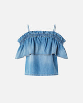 Top in denim con volant e spalle scoperte -  | Pinko