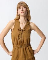 Abito lungo in cotone con balza e nastri -  | Pinko