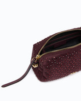 Fully rhinestoned mini suede-effect crossbody Boston bag - Dark Red | Pinko