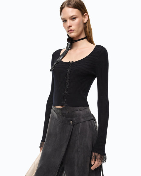 Cardigan cropped in misto seta e cashmere con pizzo