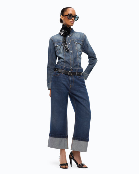 Jeans cropped con cintura in pelle