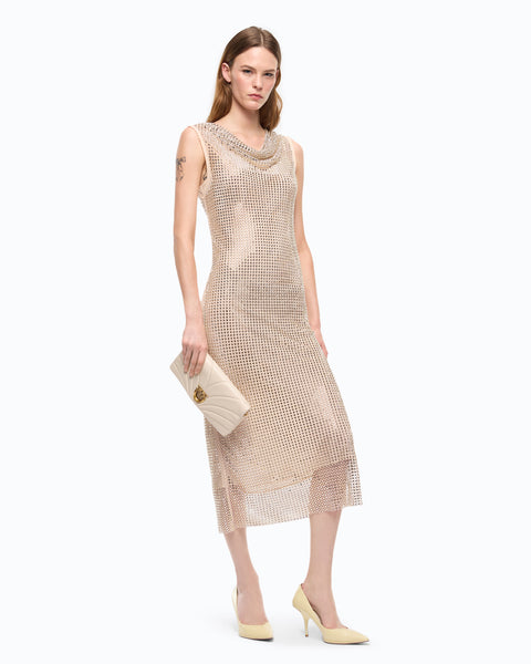 Abito midi effetto rete con strass