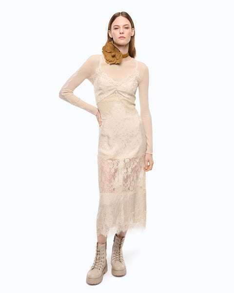 Abito slipdress midi con bande in pizzo