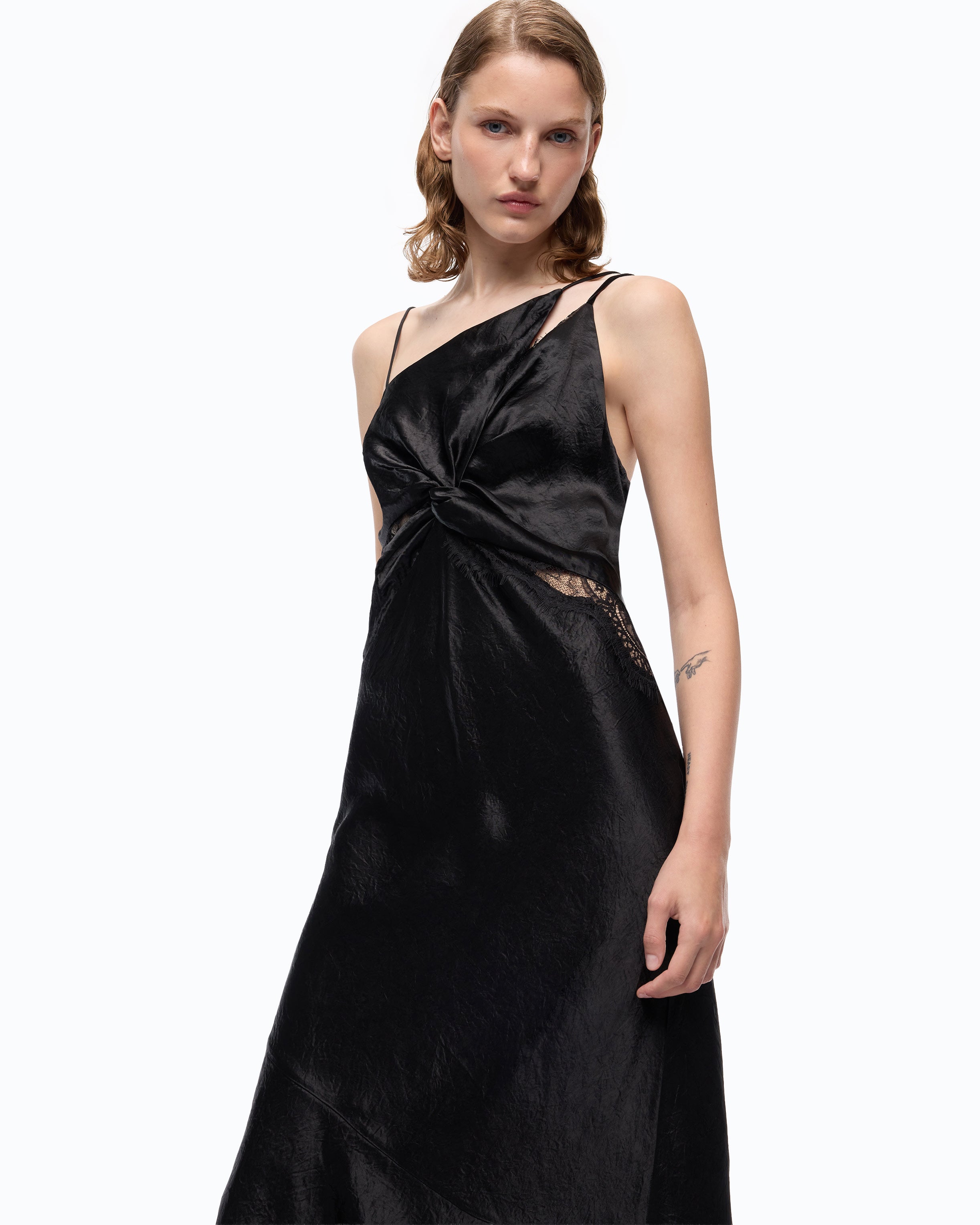 Long satin dress with draping and lace