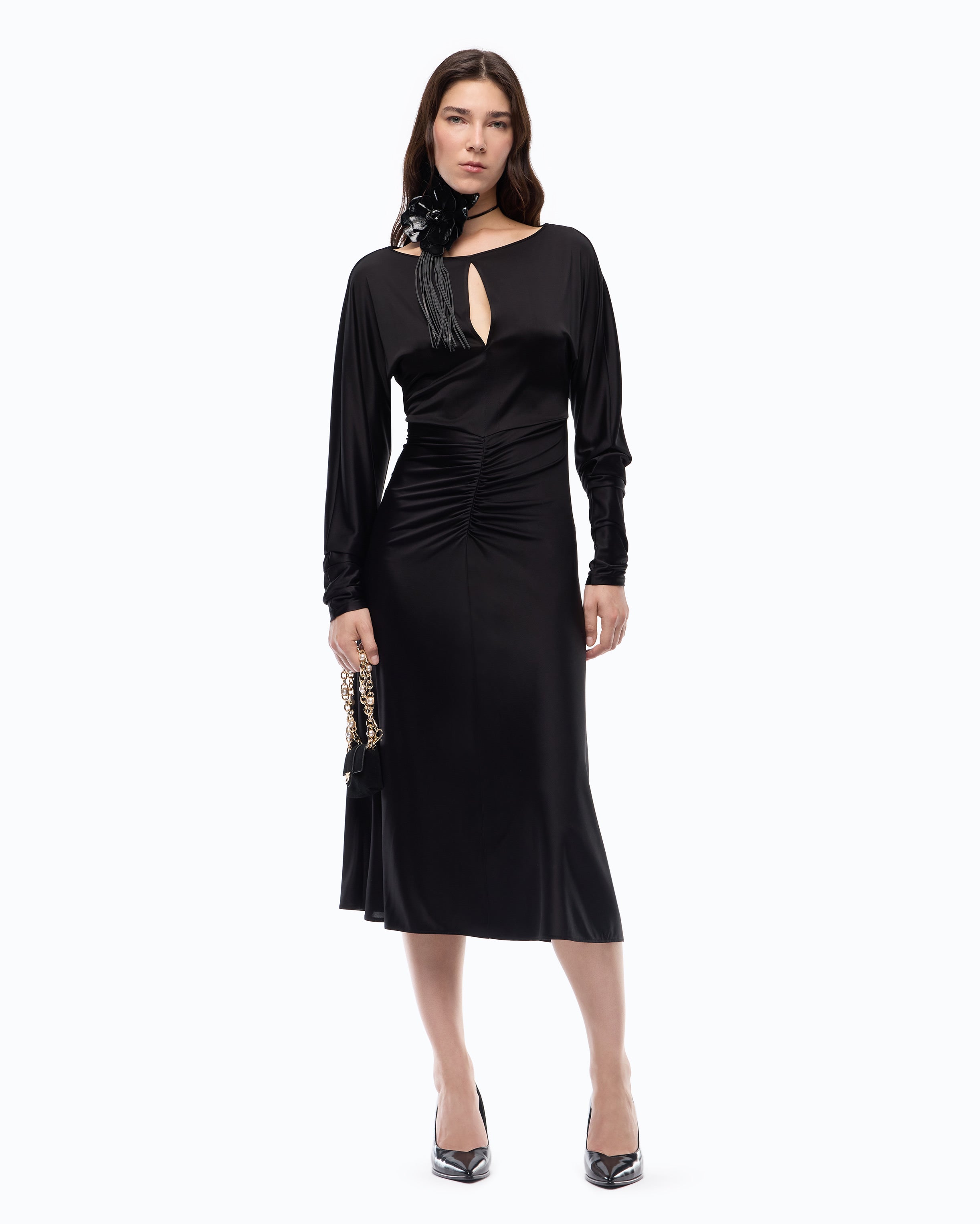 Satin-effect midi dress with gathering