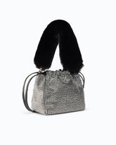 Fully rhinestoned shoulder bucket bag with fur-effect shoulder strap - Black | Pinko