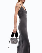 Fully rhinestoned shoulder bucket bag with fur-effect shoulder strap - Black | Pinko