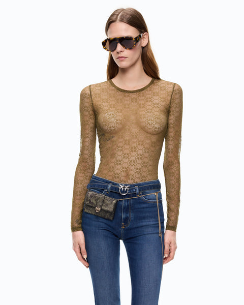 Maglia in pizzo stretch con motivo logo Love Birds