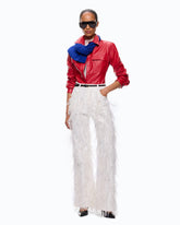 Pantaloni wide leg con piume e strass