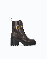 Leather combat ankle boots with heel and strap - Brown | Pinko
