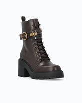 Leather combat ankle boots with heel and strap - Brown | Pinko
