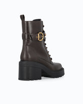 Leather combat ankle boots with heel and strap - Brown | Pinko