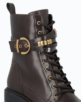 Leather combat ankle boots with heel and strap - Brown | Pinko