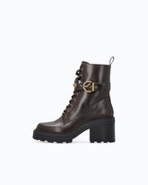 Leather combat ankle boots with heel and strap - Brown | Pinko
