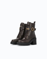 Leather combat ankle boots with heel and strap - Brown | Pinko
