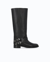 Leather boots with high leg shaft and straps - Black | Pinko