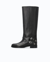 Leather boots with high leg shaft and straps - Black | Pinko