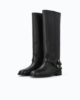 Leather boots with high leg shaft and straps - Black | Pinko