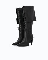 High leather boots with laces and maxi cuff - Black | Pinko