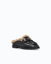 Leather sabot moccasins with faux fur lining - Black | Pinko