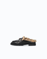 Leather sabot moccasins with faux fur lining - Black | Pinko
