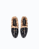 Leather sabot moccasins with faux fur lining - Black | Pinko