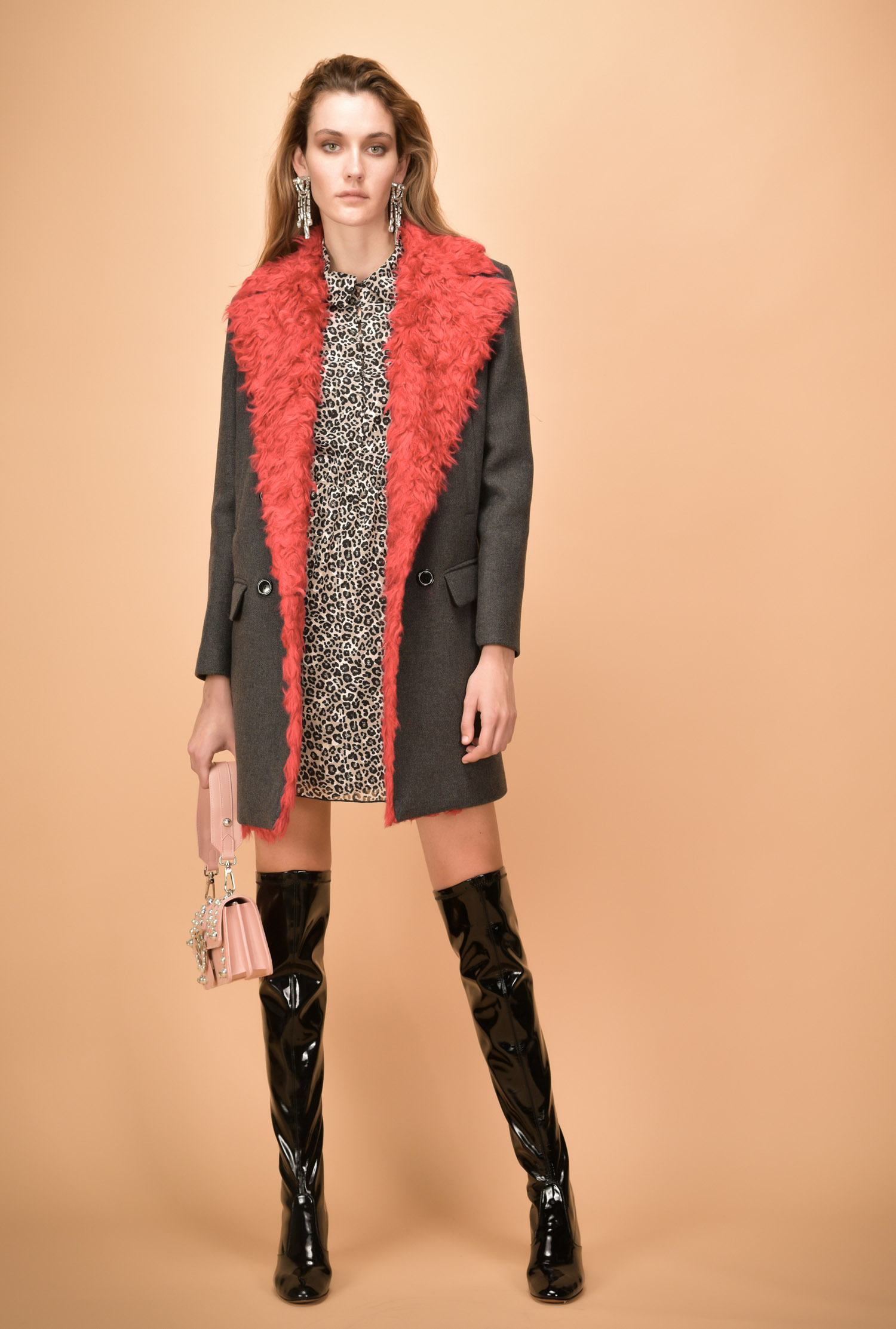 Melton Coat with Faux Fur Lapels